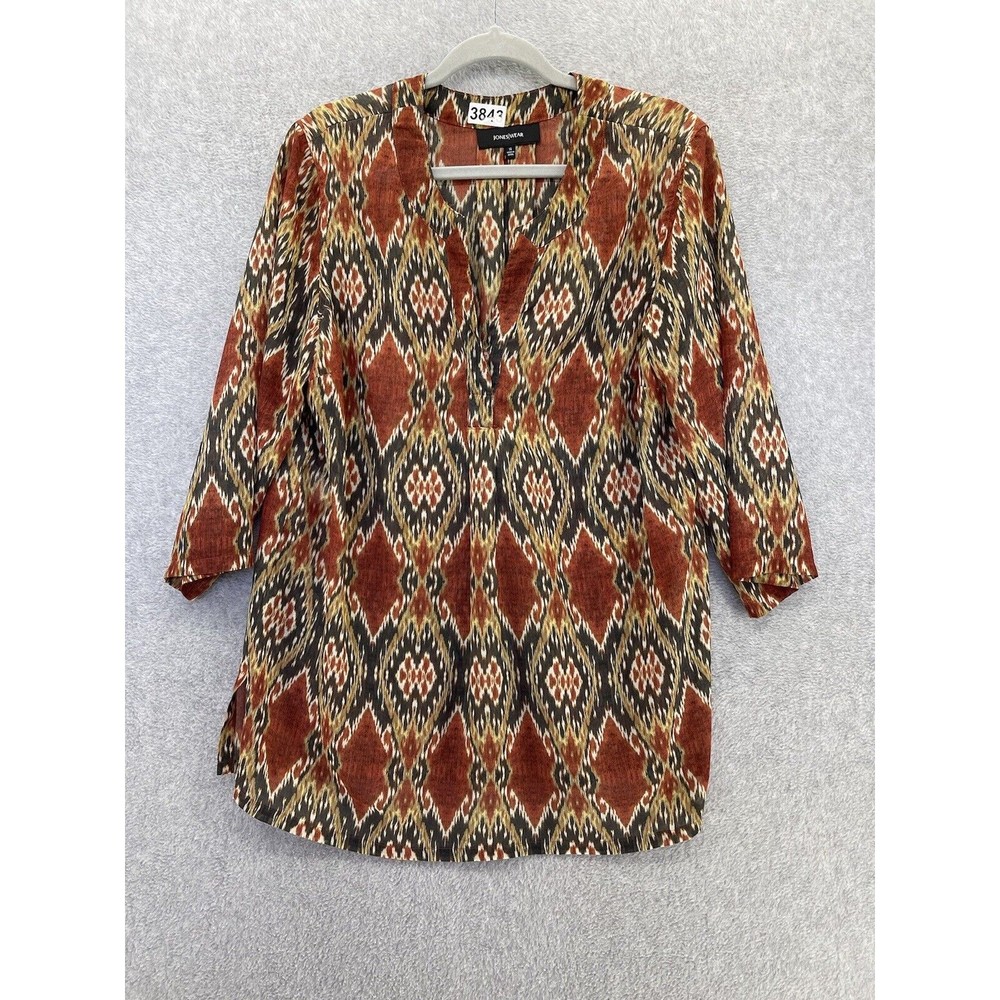Jones Wear Women's Tunic Blouse 3/4 Sleeve V Neck Batik Brown Size 14